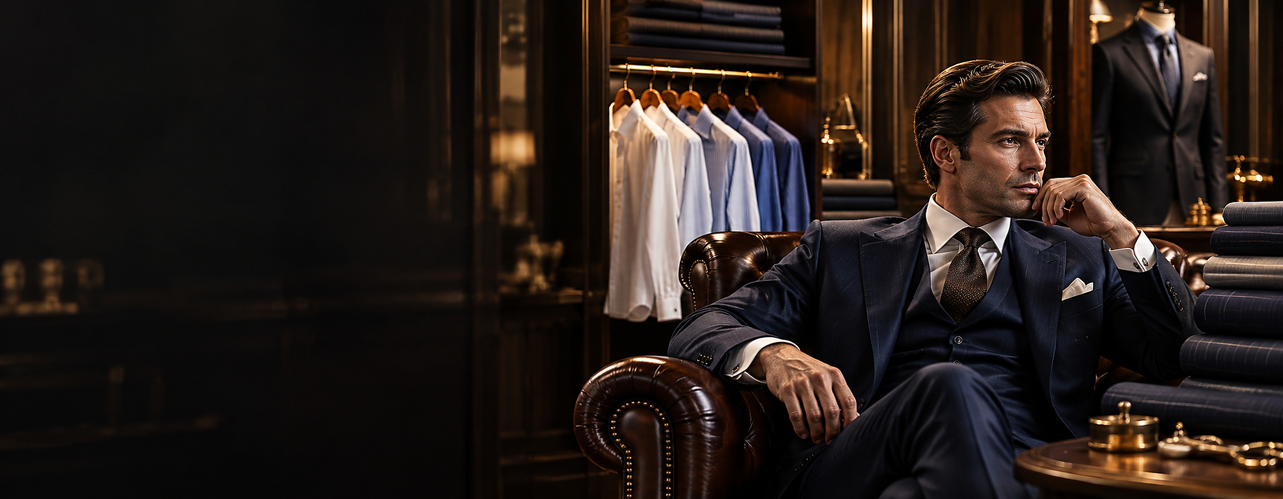 Bespoke menswear campaign featuring a tailored navy suit at Club Man Shop