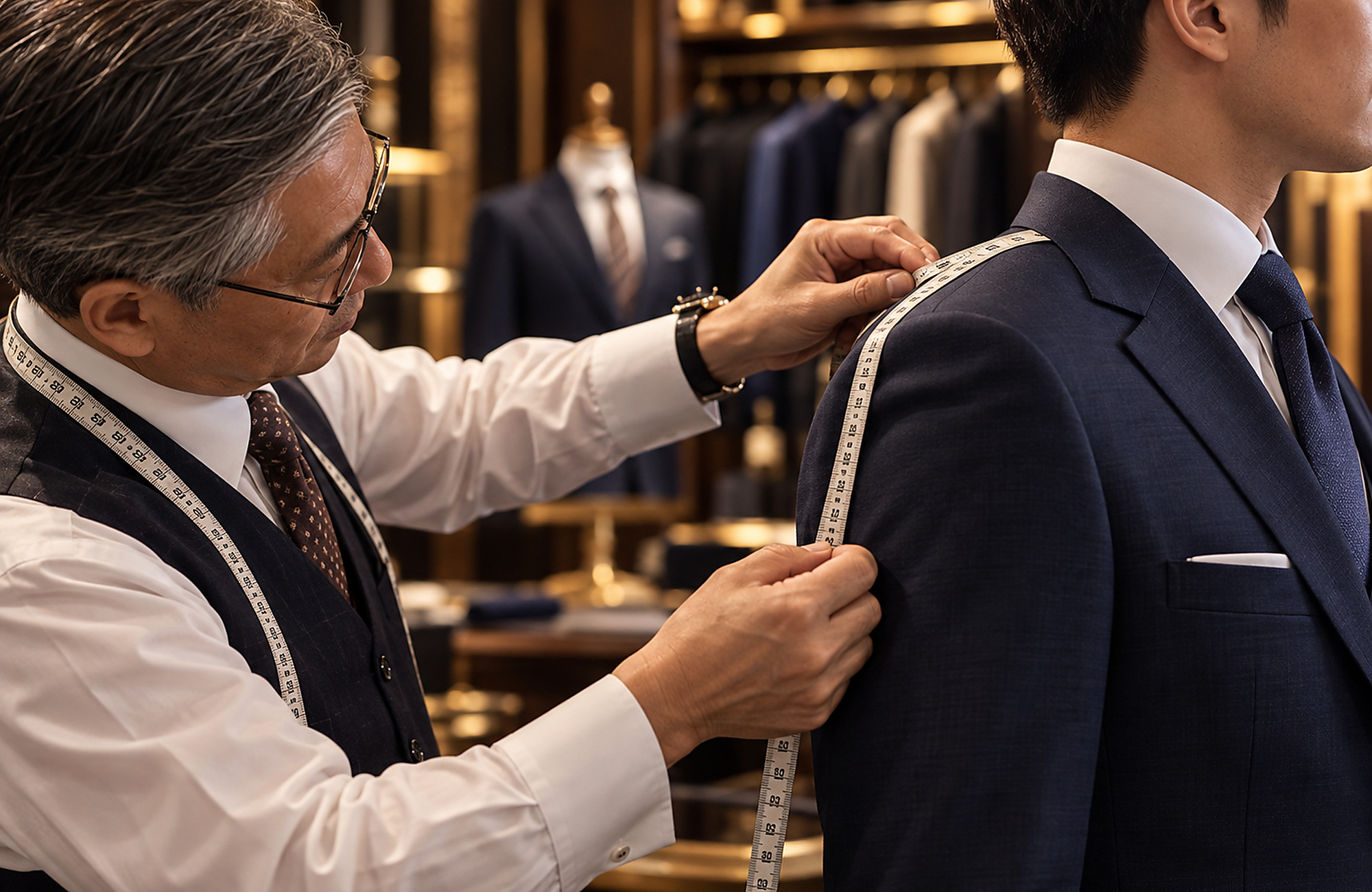 Tailor taking garment measurements during a bespoke fitting