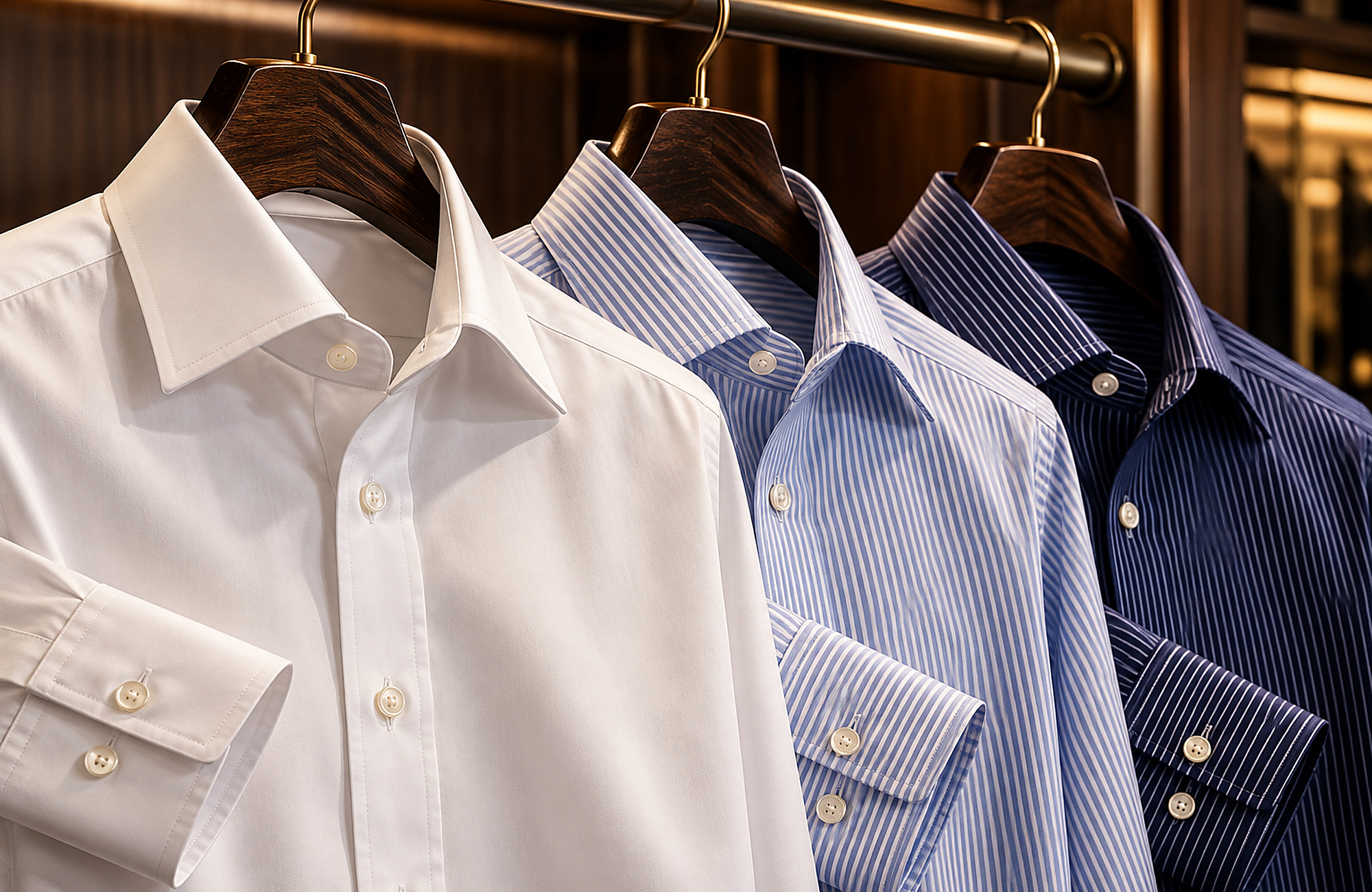 Custom-made dress shirts in white and blue fabrics